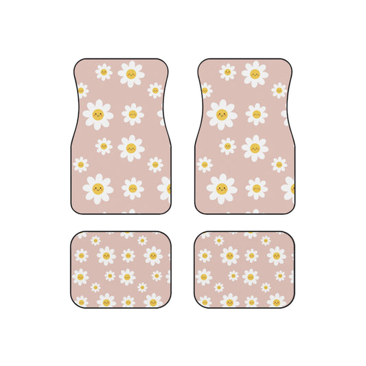 Drive in Style: Retro Car Floor Mat Set - Smiley Daisy Pattern, 4-Piece